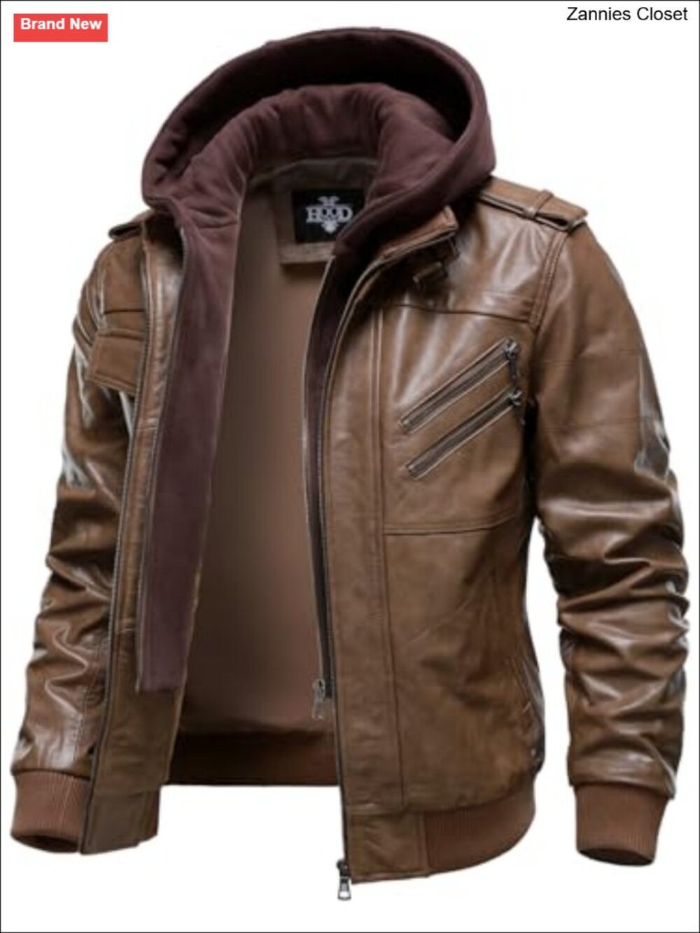 Men's Genuine Cowhide Leather Jacket with Removable Hood, Motorcycle Biker Style